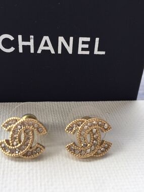 AuthenticCHANEL Gold-tone CC Crystal Stud Earrings